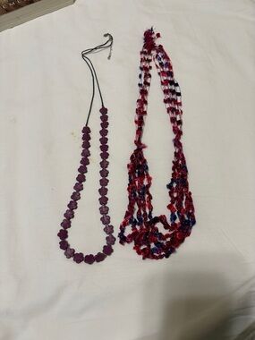 Purple Floral silk fiber hand knitted statement and purple leather necklaces